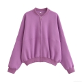 Women's Zipper Bomber Jacket And Wide Leg Pants Two Piece Set Polyester Fleece Lined Casual Loose Oversized Streetwear Autumn Winter Solid Tracksuit