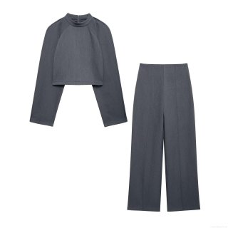 Women's Autumn Fashion Two Piece Set Long Sleeve Round Neck Crop Top and High Waist Straight Wide Leg Pants Streetwear Casual Solid Color Polyester Outfit