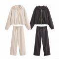 Women's Two Piece Set Hooded Bomber Jacket And High Waist Wide Leg Pants Streetwear Tracksuit Solid Color Loose Casual Winter Outfit For Women