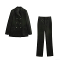 Women's Vintage Corduroy Double Breasted Blazer And Straight Leg Pants Two Piece Set Solid Color Casual Winter Streetwear Suit For Office Lady
