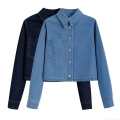 Women's Fashion Denim Style Set Long Sleeve Button Down Short Jacket Top And Drawstring Elastic Waist Straight Leg Pants 2 Piece Outfits Casual Streetwear Trousers Suit