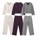 Women's 2 Piece Lounge Set Knit V-Neck Long Sleeve Sweatshirt Top And Wide Leg Pants Casual Solid Color Streetwear Winter Warm Outfit