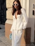 Women's Solid Color V-Neck Long Sleeve Blazer And High Waist Wide Leg Long Pants Set Office Lady Streetwear Outfit Polyester Two Piece Suit For Spring