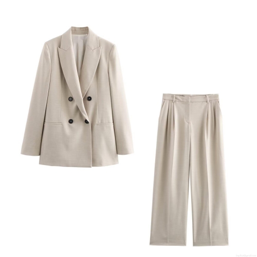Women's 2-Piece Suit Set Elegant Double Breasted Blazer And High Waisted Wide Leg Pants Business Office Commute Outfit Streetwear Set For Ladies Beige Oatmeal