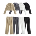 Women's Casual Two Piece Set Cropped Workwear Jacket and High Waist Wide Leg Trousers Suit Elegant Solid Color Long Sleeve Outfit Suit for Women