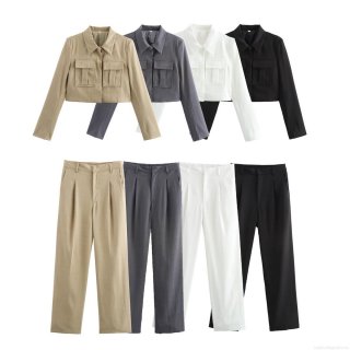 Women's Casual Two Piece Set Cropped Workwear Jacket and High Waist Wide Leg Trousers Suit Elegant Solid Color Long Sleeve Outfit Suit for Women