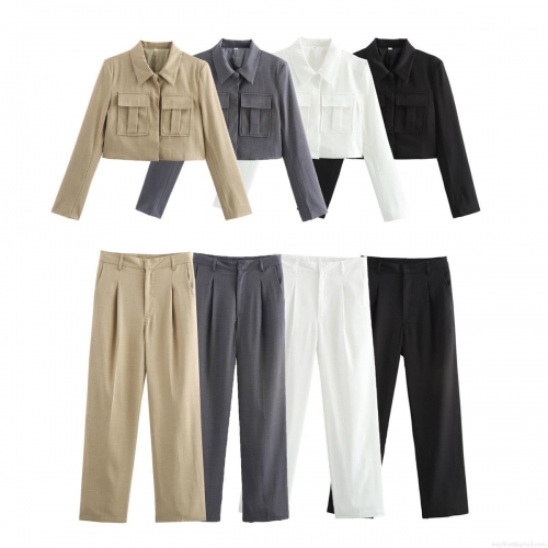 Women's Casual Two Piece Set Cropped Workwear Jacket and High Waist Wide Leg Trousers Suit Elegant Solid Color Long Sleeve Outfit Suit for Women