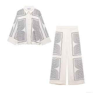 Women Shirt And Pants Set Satin Polyester Black Geometric Line Print Long Sleeve Button Down Top Wide Leg Trousers European Street Fashion Two Piece Outfit For Women Modern Minimalist Set