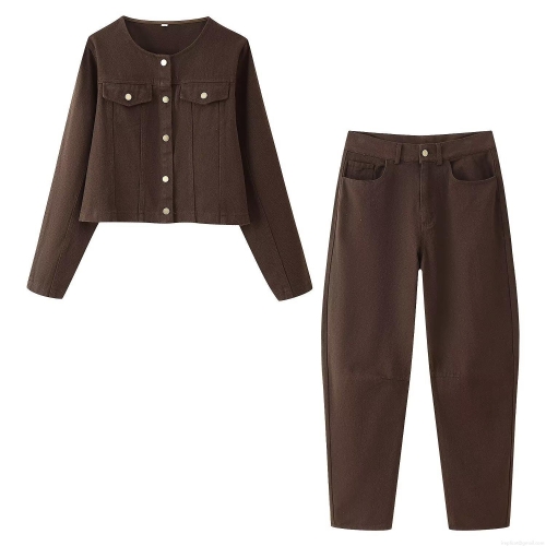 Women's Two Piece Pants Set Dark Brown Twill Polyester Waisted Round Neck Long Sleeve Jacket and Loose Straight Leg Pants Street Style Casual Outfit