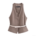 Women's Striped V Neck Halter Vest Top And High Waist Wide Leg Pants Two Piece Set With White Belts Polyester Casual Office Streetwear Outfits
