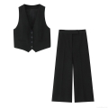 Women's 2 Piece Set V Neck Button Up Sleeveless Vest Crop Top And High Waist Wide Leg Trousers Solid Color Polyester Streetwear Fashion Outfits