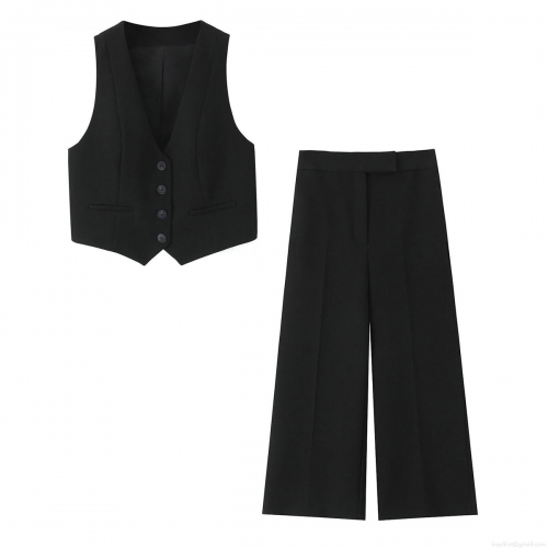Women's 2 Piece Set V Neck Button Up Sleeveless Vest Crop Top And High Waist Wide Leg Trousers Solid Color Polyester Streetwear Fashion Outfits