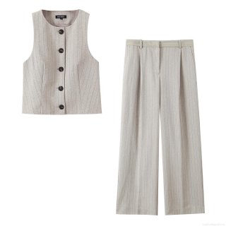 Women's 2-Piece Striped Suit Set Elegant Button-Up Vest Waistcoat And High Waist Wide Leg Pants Set Office Lady Business Casual Streetwear Outfit