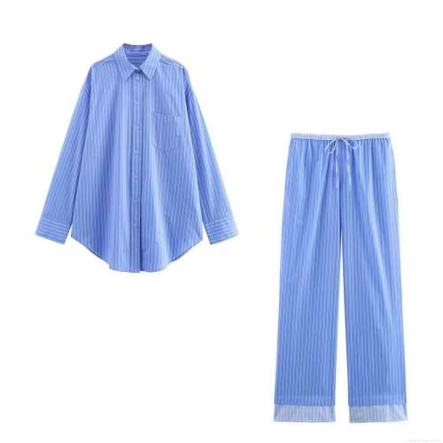Women's Striped 2-Piece Set Polyester Long Sleeve Button Down Shirt And Wide Leg Pants Loose Casual Streetwear Outfit For Women