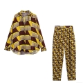 Women's Two Piece Set Vintage Geometric Print Lapel Long Sleeve Shirt and High Waist Straight Leg Pants Casual Streetwear Outfit Polyester Suits