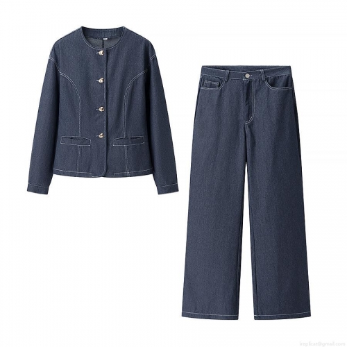 Women's Denim Style Two-Piece Set Solid Color Round Neck Long Sleeve Jacket and High Waist Wide Leg Pants Set with White Contrast Stitching and Gold Buttons Streetwear Casual Outfits