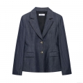 Women's 3-Piece Denim Look Suit Set Deep Blue Blazer Bustier Top And Wide Leg Pants Contrast Stitching Streetwear Casual Outfit