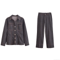 Women's 2-Piece Denim Style Set Contrast Stitching Long Sleeve Button Down Shirt And Wide Leg Pants Casual Streetwear Outfits For Spring Autumn