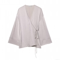 Women's Pleated Satin Two Piece Outfits Kimono Style Wrap Tie Side V Neck Top And Wide Leg Pants Set Solid Color Casual Lounge Wear Streetwear