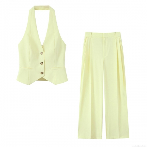 Women's Elegant Halter Neck Sleeveless Vest Top And High Waist Wide Leg Pants Two Piece Set Solid Color Polyester Summer Casual Suit