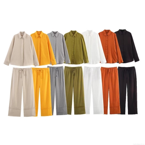 Women's Casual Two Piece Linen Blend Set Long Sleeve Button Down Shirt And High Waisted Wide Leg Pants Solid Color Loungewear Outfit