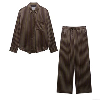 Women Satin Striped Two Piece Outfits Long Sleeve Button Down Shirt And High Waist Wide Leg Long Pants Set Streetwear Fashion Chic Casual Suit