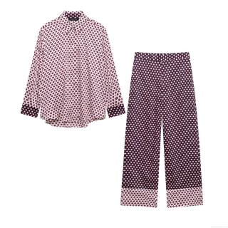 Women's Fashion Geometric Print Polyester Blended Shirt and Wide Leg Pants Set Elegant Satin Texture Long Sleeve Button Down Blouse and Elastic Waist Trousers Two Piece Outfits for Streetwear Clubwear