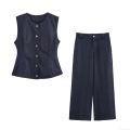 Women's Casual Cotton Blend Denim Blue Two Piece Set Sleeveless Button Waistcoat Vest And High Waist Wide Leg Pants Streetwear Office Commute Suit