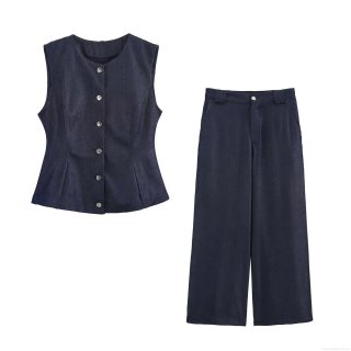 Women's Casual Cotton Blend Denim Blue Two Piece Set Sleeveless Button Waistcoat Vest And High Waist Wide Leg Pants Streetwear Office Commute Suit