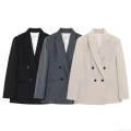 Women Double Breasted Blazer And Wide Leg Pants Two Piece Set Office Lady Professional Business Suit Solid Color Casual Streetwear Outfits