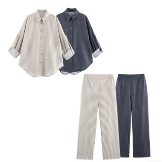 Women Striped Long Sleeve Shirt And Wide Leg Pants Casual Polyester Two Piece Set Adjustable Sleeve Lapel Top High Waist Trousers Streetwear Daily Outfit