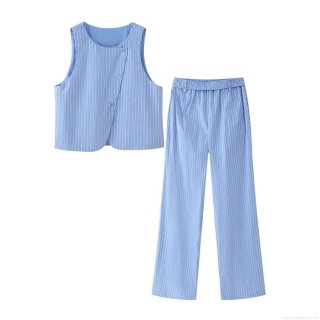 Women's Striped 2 Piece Pant Sets Sleeveless Button Down Vest And High Waisted Elastic Long Pants Outfits Summer Casual Streetwear Suit
