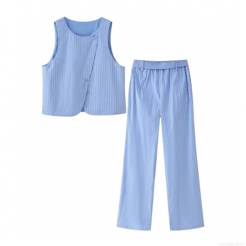 Women's Striped 2 Piece Pant Sets Sleeveless Button Down Vest And High Waisted Elastic Long Pants Outfits Summer Casual Streetwear Suit