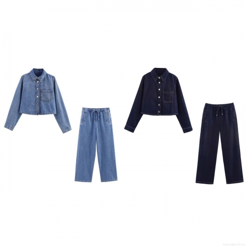 Women's Denim Two Piece Outfits Fashion Crop Jean Shirt and Wide Leg Jogger Pants Set Summer Casual Streetwear Long Sleeve Single Breasted Suits