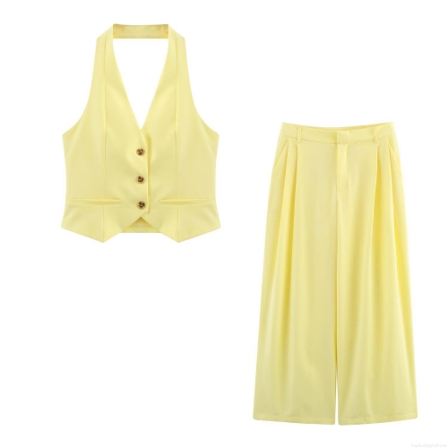 2025 Summer Women Halter Neck Waistcoat And High Waist Wide Leg Pants Two Piece Set Solid Color Polyester Streetwear Sleeveless Vest Trousers Outfit