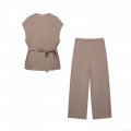 Women's 2-Piece Sleeveless Wrap V-Neck Tie Waist Top and High Waist Wide Leg Flared Pants Set 100% Polyester Linen Texture Solid Color Streetwear Casual Vacation Outfit