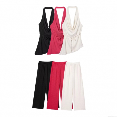 Women's 2 Piece Summer Outfits Halter Backless Deep V Neck Asymmetrical Top And High Waist Wide Leg Pants Textured Crepe Solid Casual Streetwear Sets