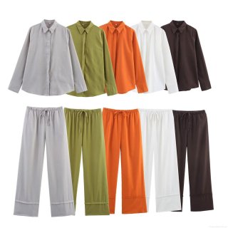 Women's Solid Color 2-Piece Set Long Sleeve Shirt And High Waist Wide Leg Pants Polyester Loose Streetwear Casual Outfits For Summer