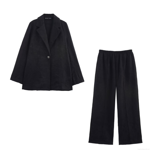 Women's Elegant Organza Suit Set Solid Color Jacquard Blazer And Wide Leg Pants Two Piece Set Spring Summer European American Streetwear Outfit