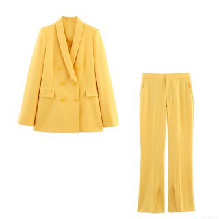 Women Two Piece Blazer Pants Set Double Breasted Tuxedo Peak Lapel Jacket And High Waist Slit Hem Flare Trousers Solid Color Polyester Office Commute Professional Suits