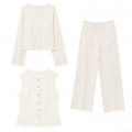 Women's Three Piece Set Ribbed Knit Button Cardigan Vest And Wide Leg Pants Solid Color Loungewear Streetwear Cream White Comfortable Outfit For Women