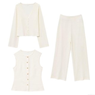 Women's Three Piece Set Ribbed Knit Button Cardigan Vest And Wide Leg Pants Solid Color Loungewear Streetwear Cream White Comfortable Outfit For Women