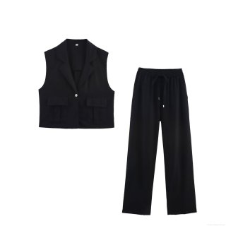 Women's Sleeveless Vest Top and Wide Leg Pants Set Linen Blend Single Button V Neck Waistcoat Drawstring Straight Trousers 2 Piece Casual Suit Streetwear Summer