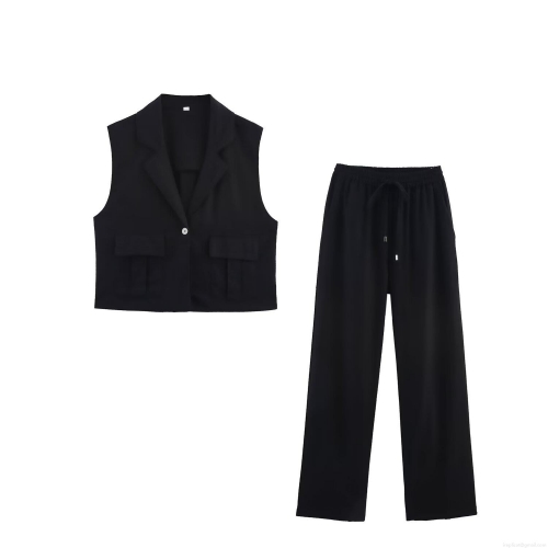 Women's Sleeveless Vest Top and Wide Leg Pants Set Linen Blend Single Button V Neck Waistcoat Drawstring Straight Trousers 2 Piece Casual Suit Streetwear Summer