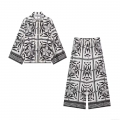 Women's Two Piece Set Tropical Floral Geometric Print Color Block Long Sleeve Button Down Shirt And High Waisted Wide Leg Pants Vacation Outfits