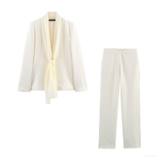 Women's Elegant Two Piece Suit Set Scarf Collar Long Sleeve Blazer and High Waist Straight Leg Pants Solid Color Office Lady Outfits