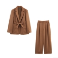 Women Autumn Fashion Loose Blazer And High Waist Wide Leg Pants Set With Belt Polyester Blend Solid Color Streetwear Two Piece Suit