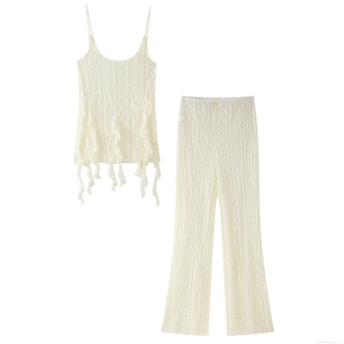 Women's Sexy Polyester Lace Crochet Two-Piece Set Solid Color Cami Top and High Waist Flare Pants Set Streetwear Summer Outfits