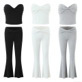 Women's Sexy Twist Knot Tube Top and High Waist Flare Pants Set 2 Piece Rayon Spandex Ribbed Knit Streetwear Summer Outfits