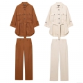 Women's Two Piece Set Cotton Linen Blend Long Sleeve Belted Cargo Shirt and Straight Leg Pants Suit Casual Streetwear Workwear Elegant Outfit for Women